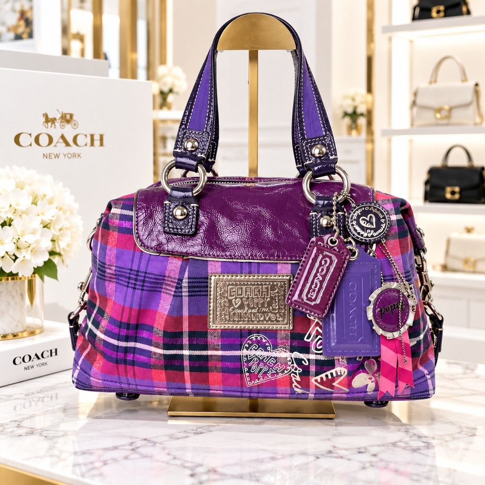 Coach Poppy Purple Tartan Plaid Satchel Limited Edition Hang Tags 15884